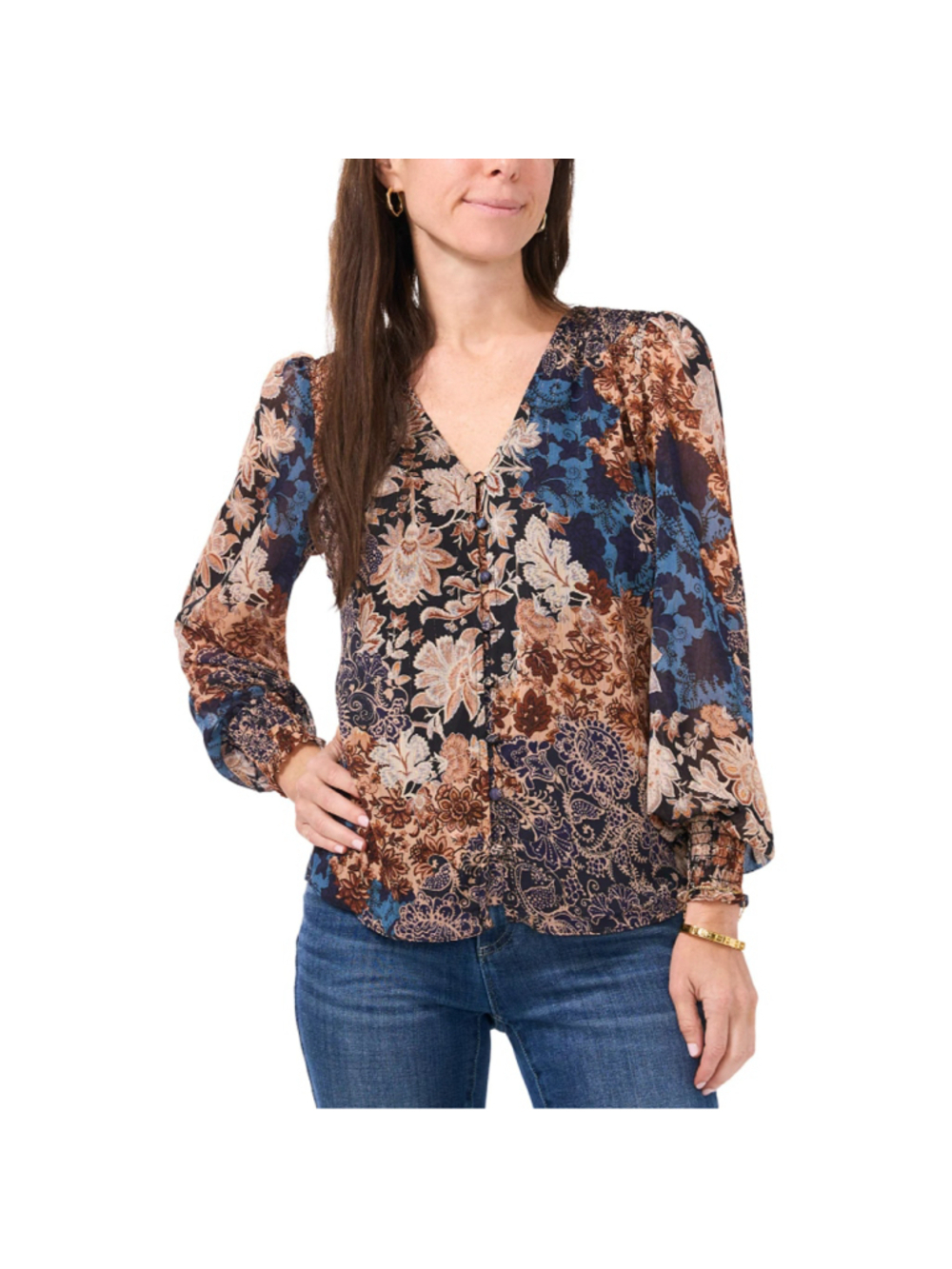 Sam & Jess Women's Medium Petite V-Neck Smocked-Trim Long-Sleeve Top NWT